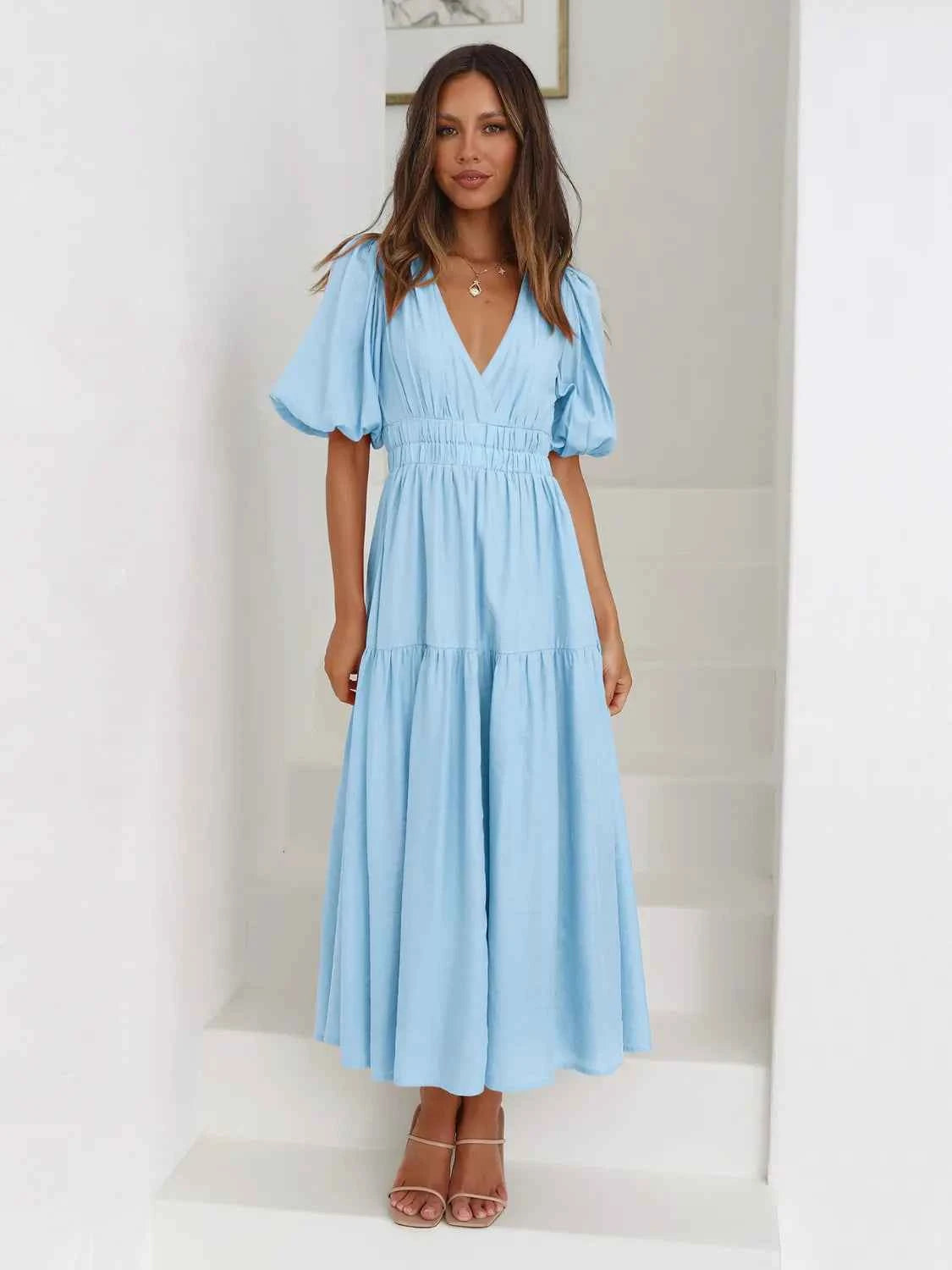 Surplice Half Puff Sleeve Midi Dress