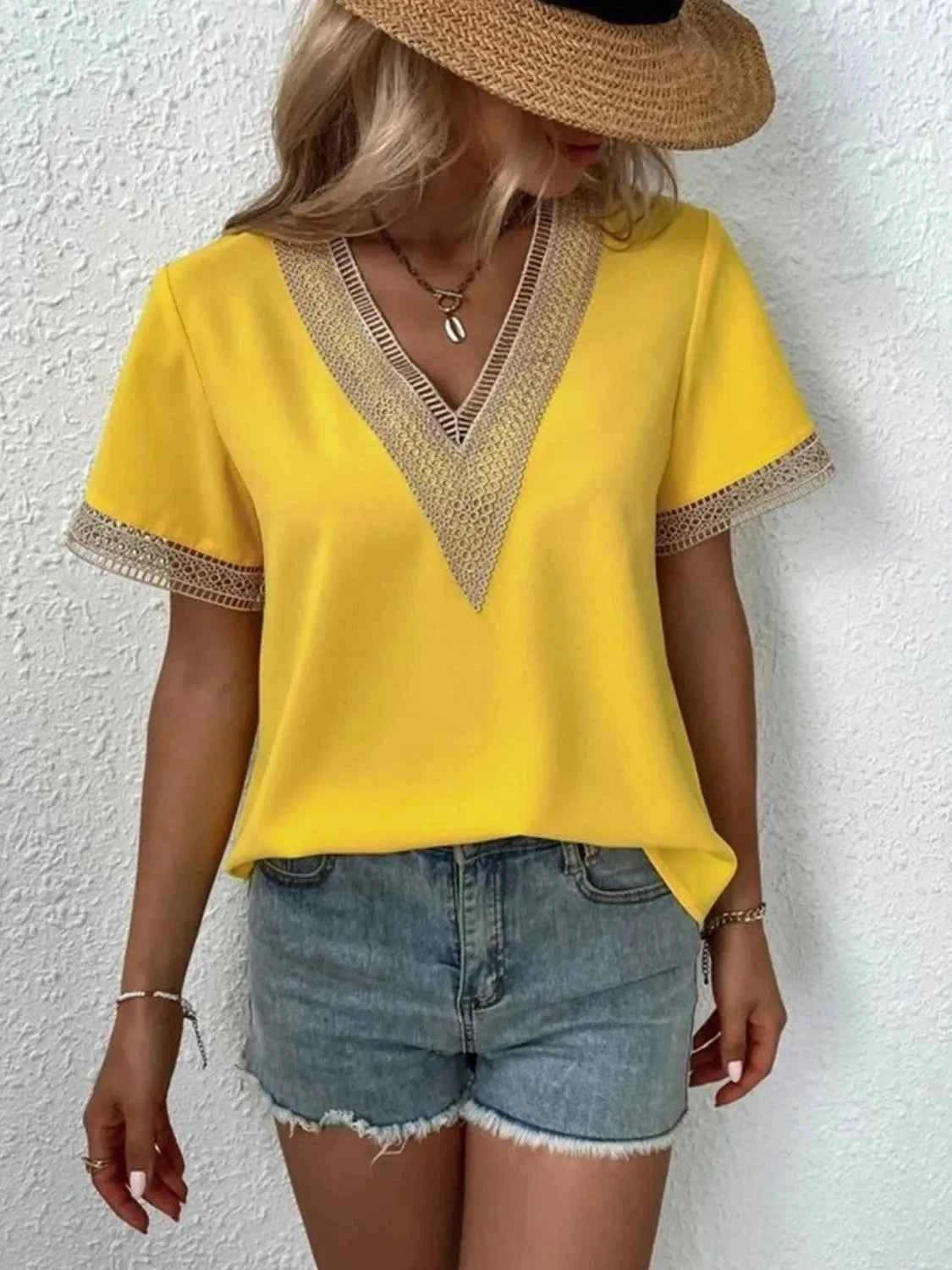 Full Size V-Neck Short Sleeve Blouse Plus Size