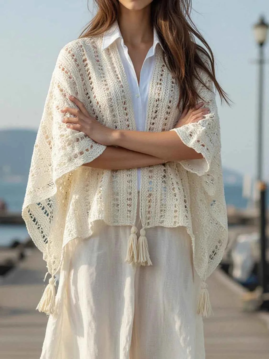 Openwork Tassel Open Front Knit Cover Up
