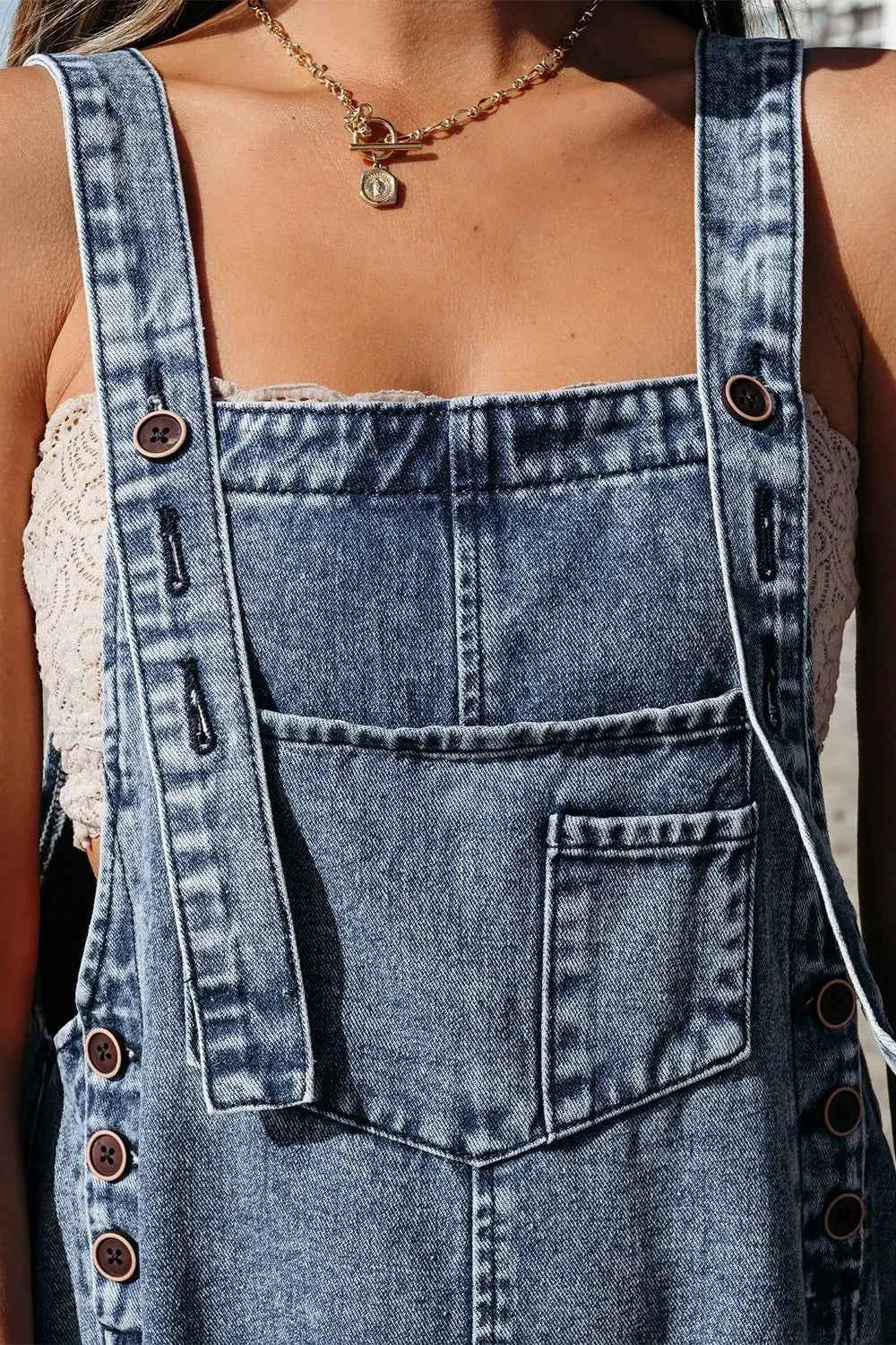 Distressed Bib Pocket Wide Leg Denim Overalls