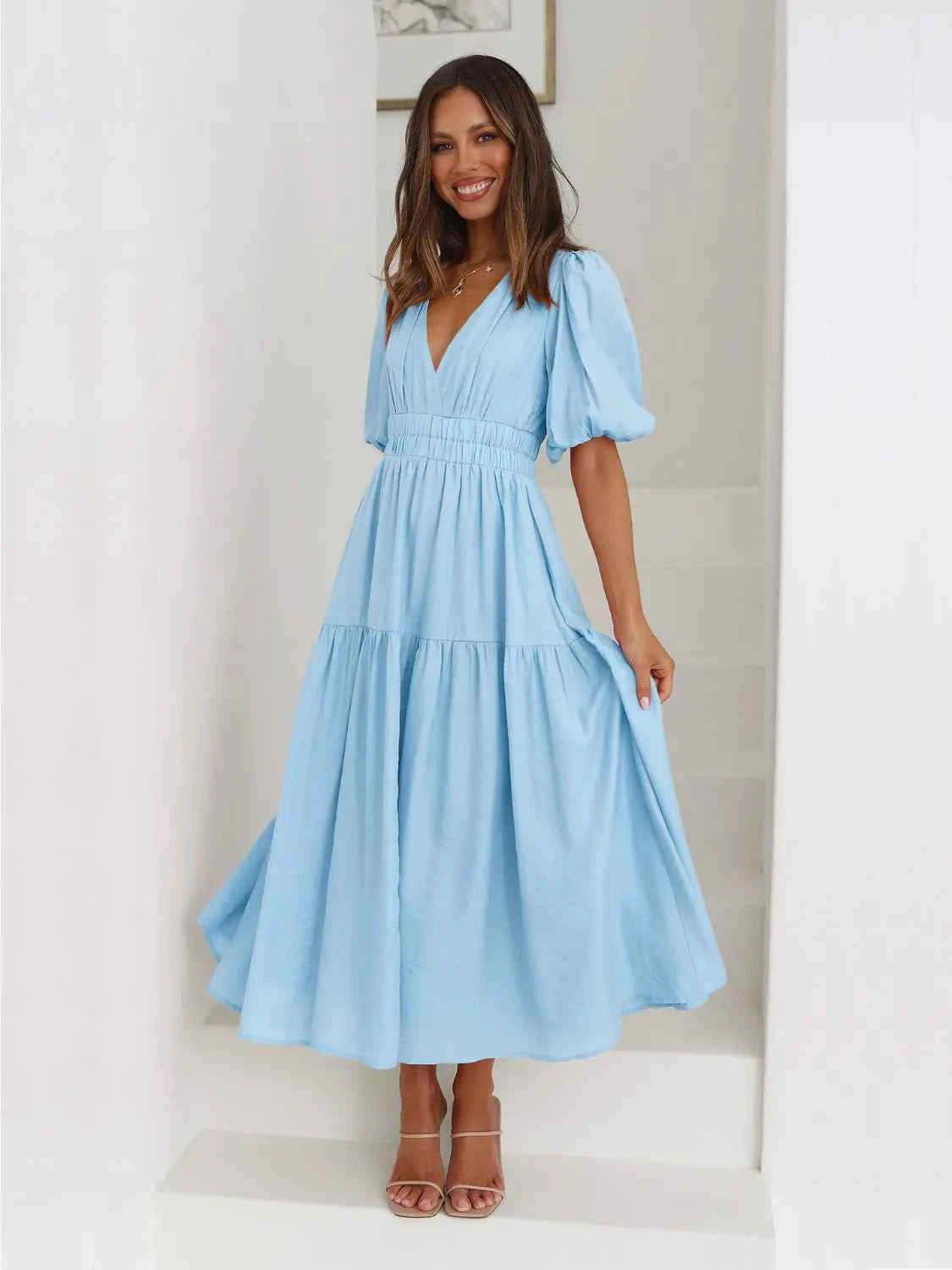 Surplice Half Puff Sleeve Midi Dress
