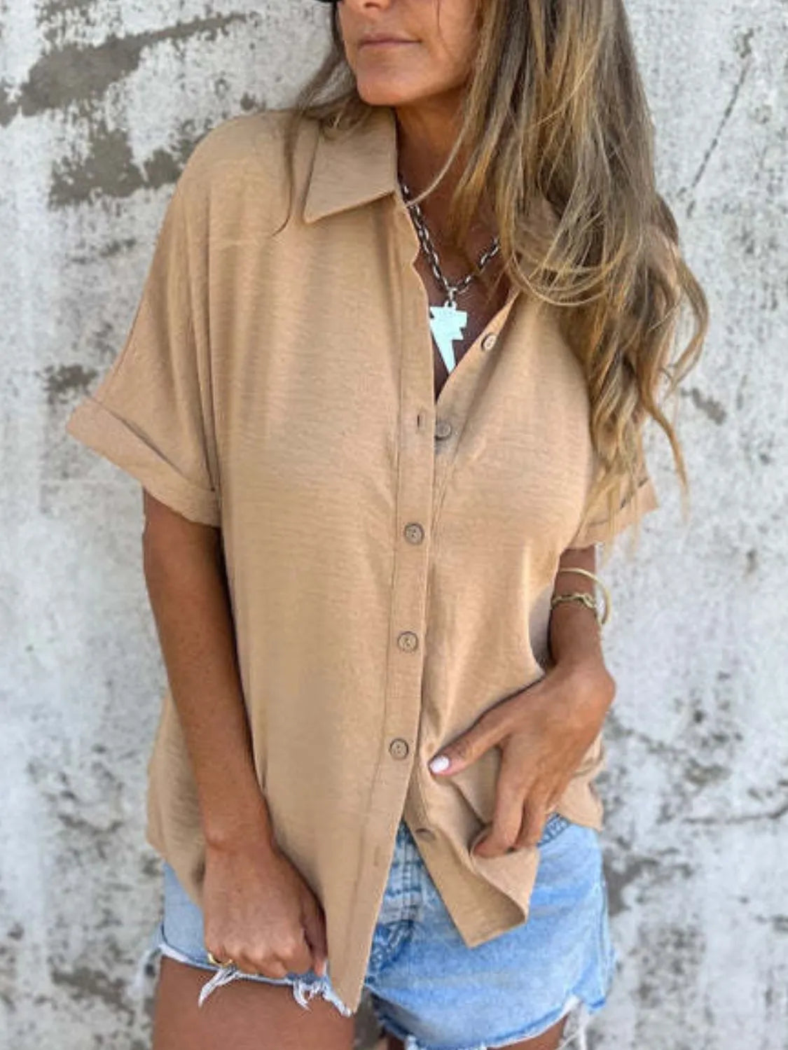 Full Size Collared Neck Half Sleeve Shirt Plus Size Tan