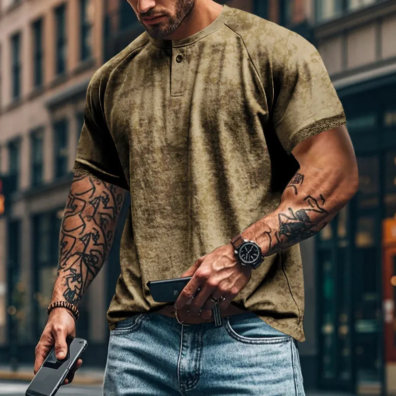Men's Full Size Round Neck Short Sleeve T-Shirt Plus Size Khaki L