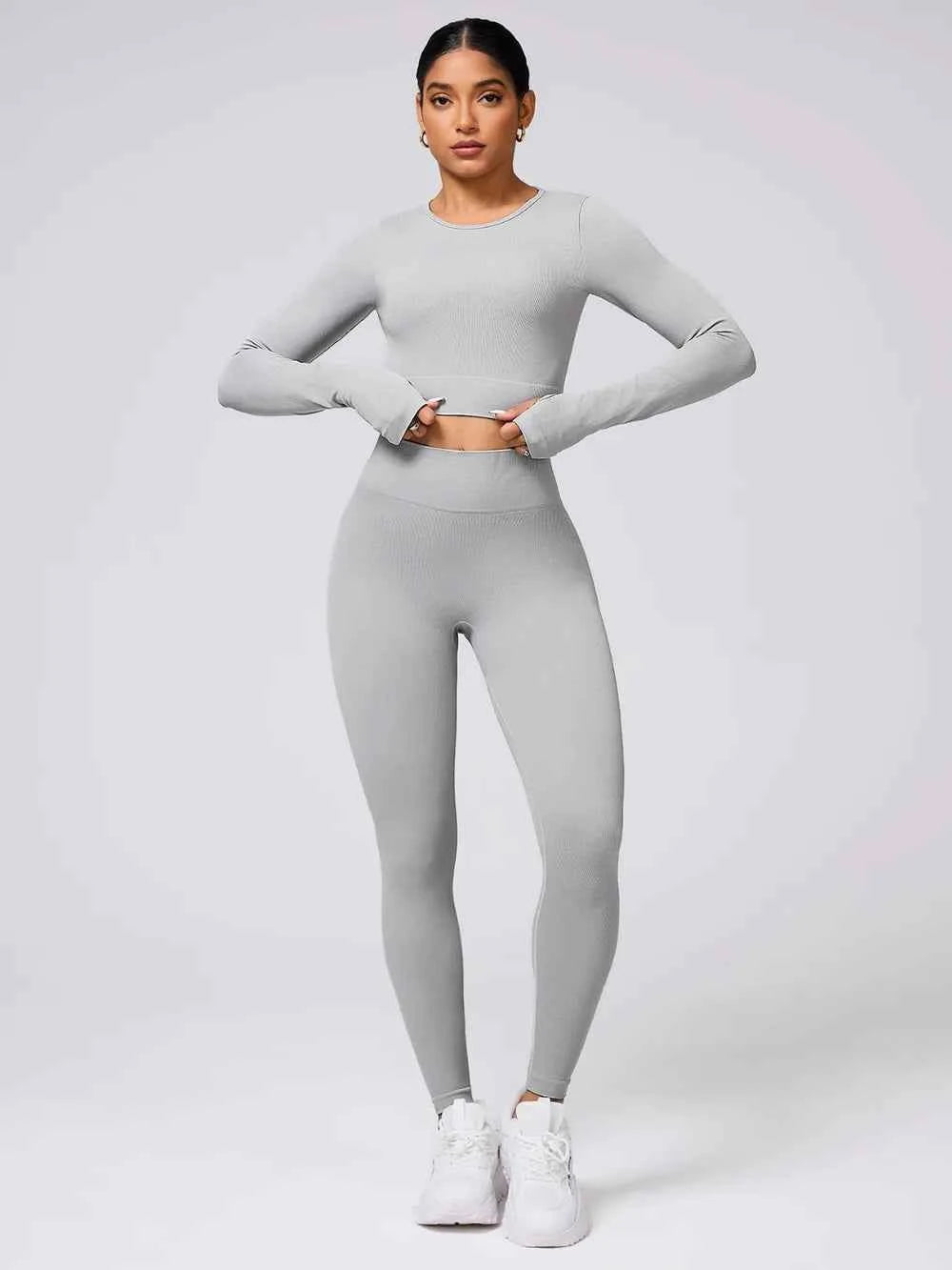 Signature Back Crisscross Round Neck Long Sleeve Top and Leggings Active Set Light Gray S