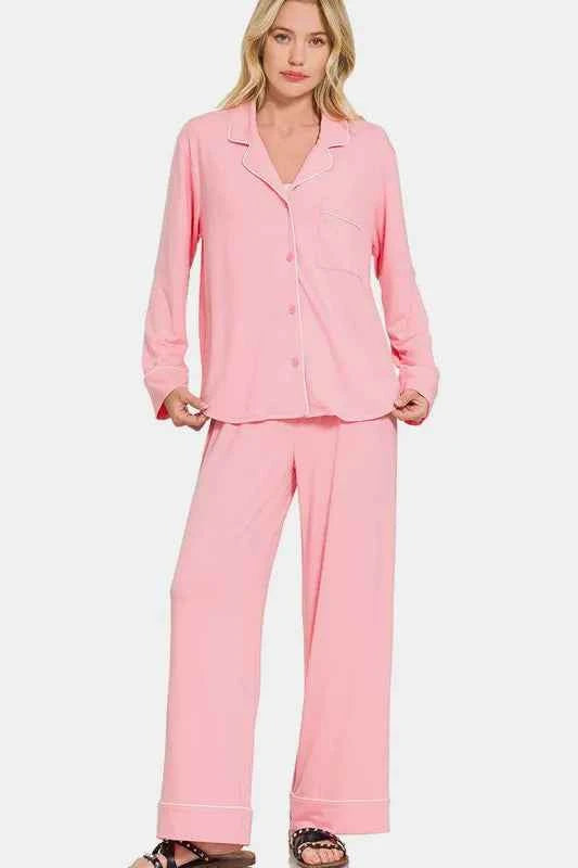 Signature Zenana Button Down Long Sleeve Top and Pants Lounge Set Pink S