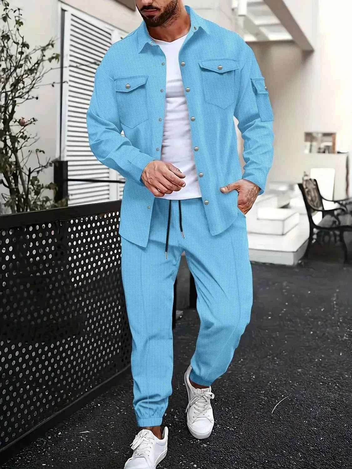Men's Full Size Snap Down Long Sleeve Top and Pants Plus Size