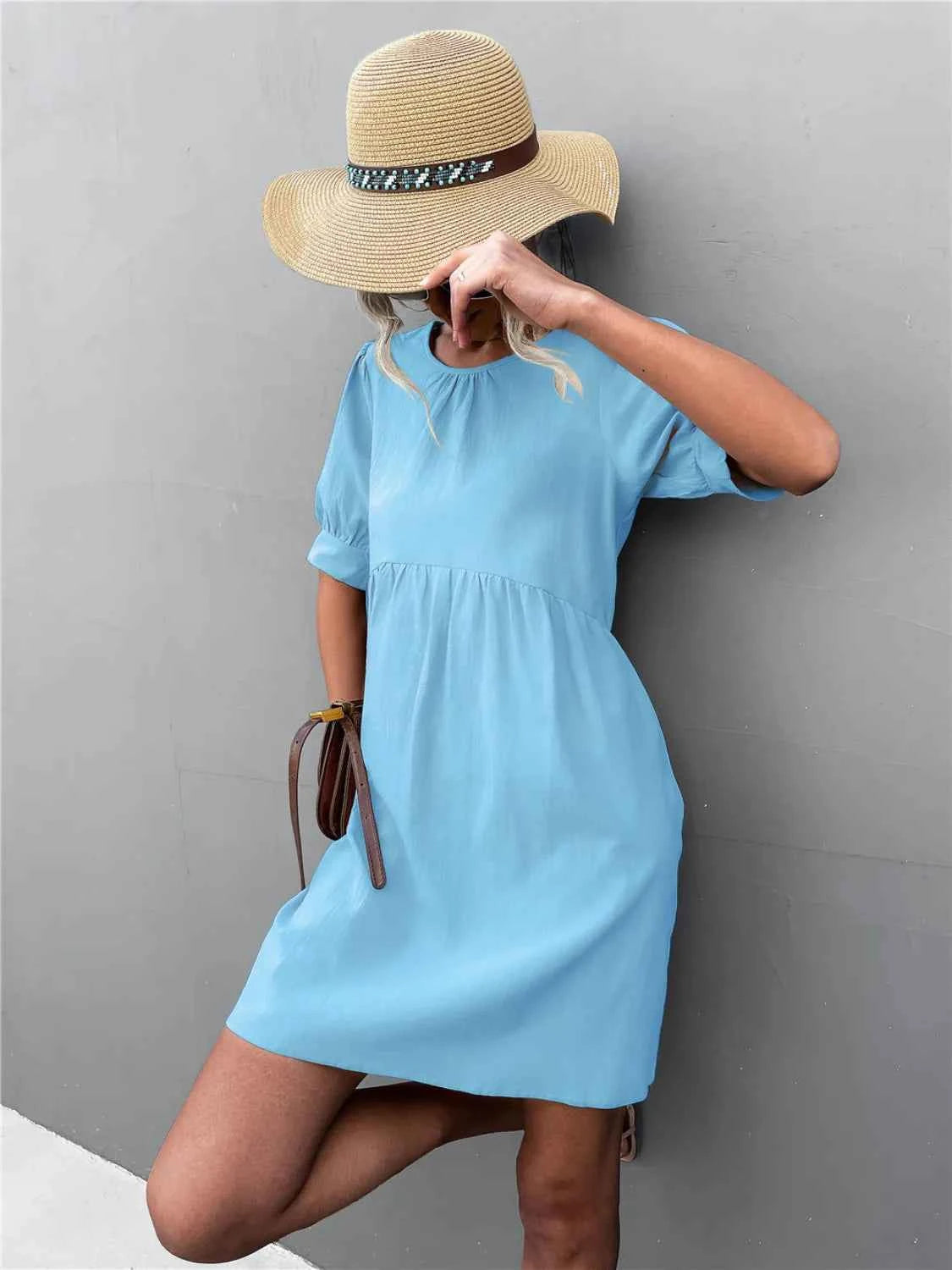 Round Neck Puff Sleeve Mini Dress