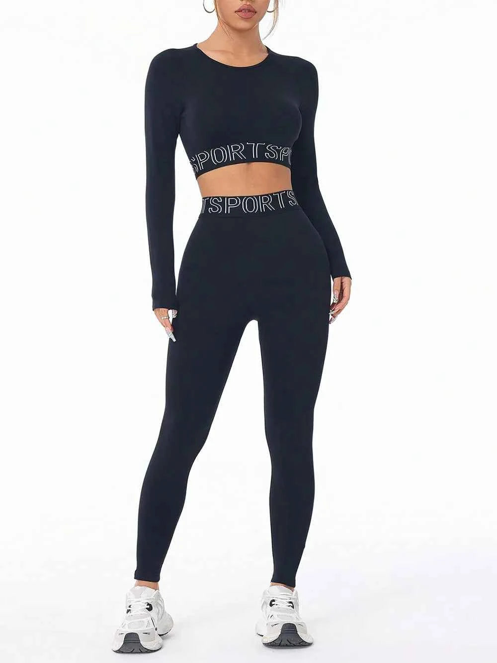 Signature Letter Print Round Neck Long Sleeve Top and Leggings Active Set Black S