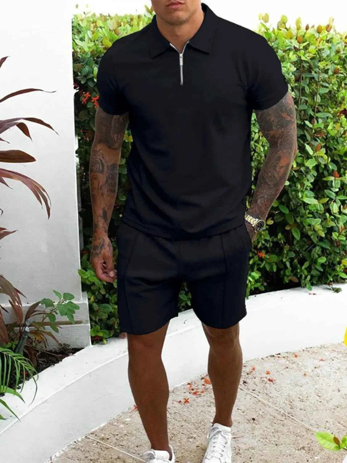 Men's Full Size Collared Neck Short Sleeve Top and Shorts Set Plus Size Black