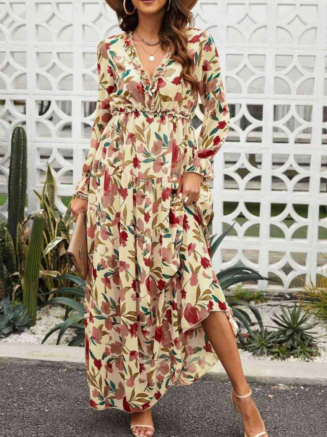 Frill Printed V-Neck Flounce Sleeve Dress