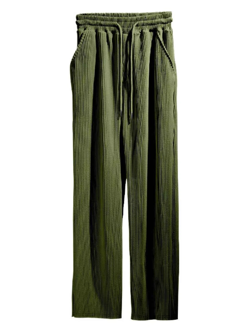 Signature Men's Full Size Ribbed Drawstring Wide Leg Pants with Plus Size Army Green