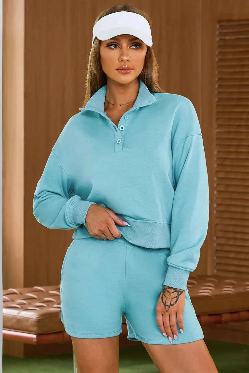 Premium Elite Half Button Sweatshirt and Shorts Active Set Pastel Blue S