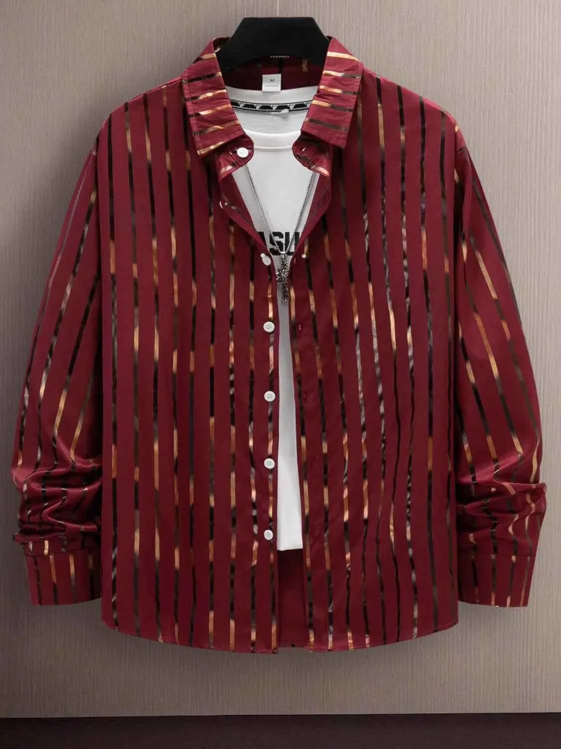 Men's Full Size Striped Button Up Long Sleeve Shirt Plus Size Burgundy
