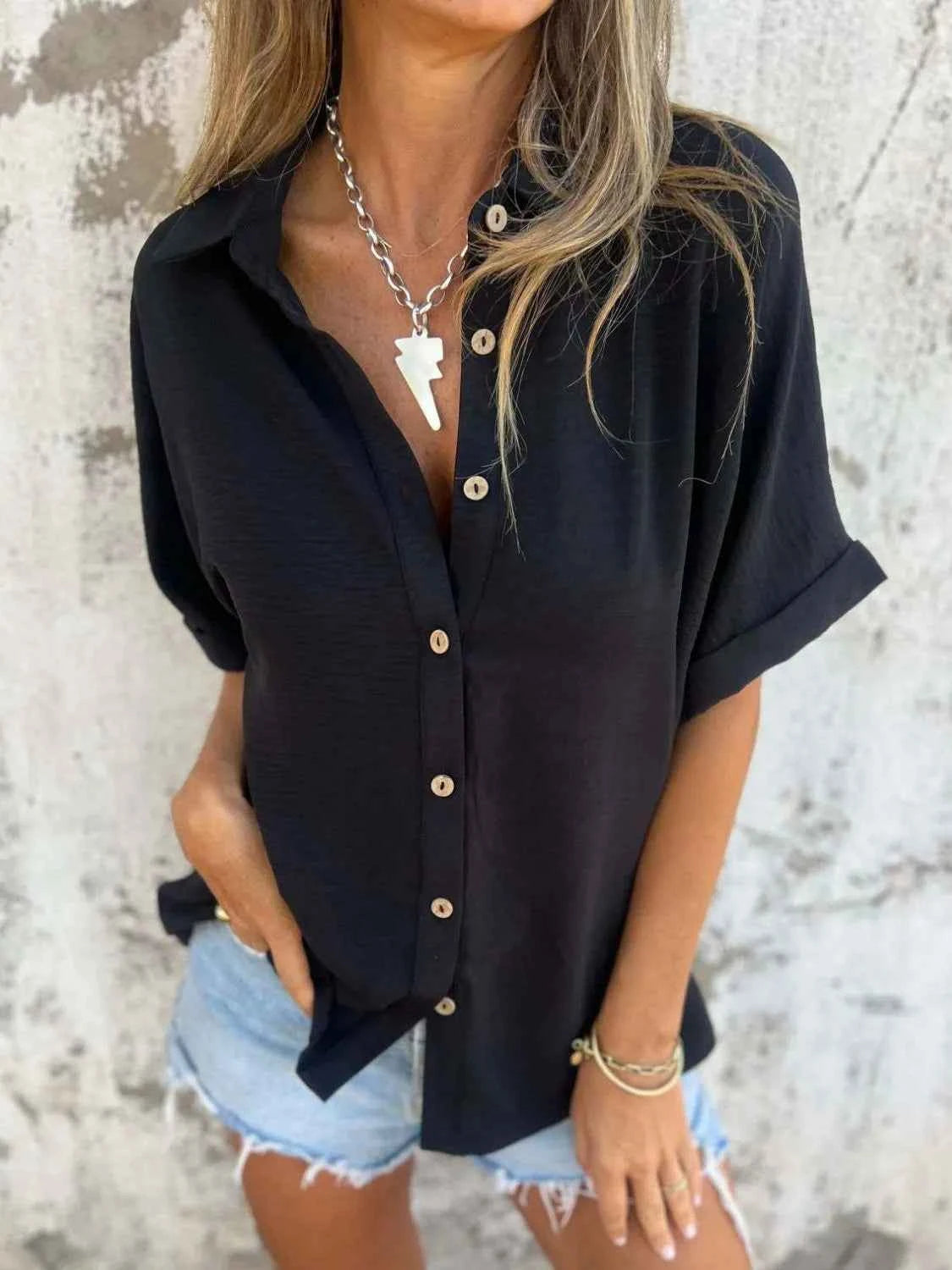 Full Size Collared Neck Half Sleeve Shirt Plus Size Black