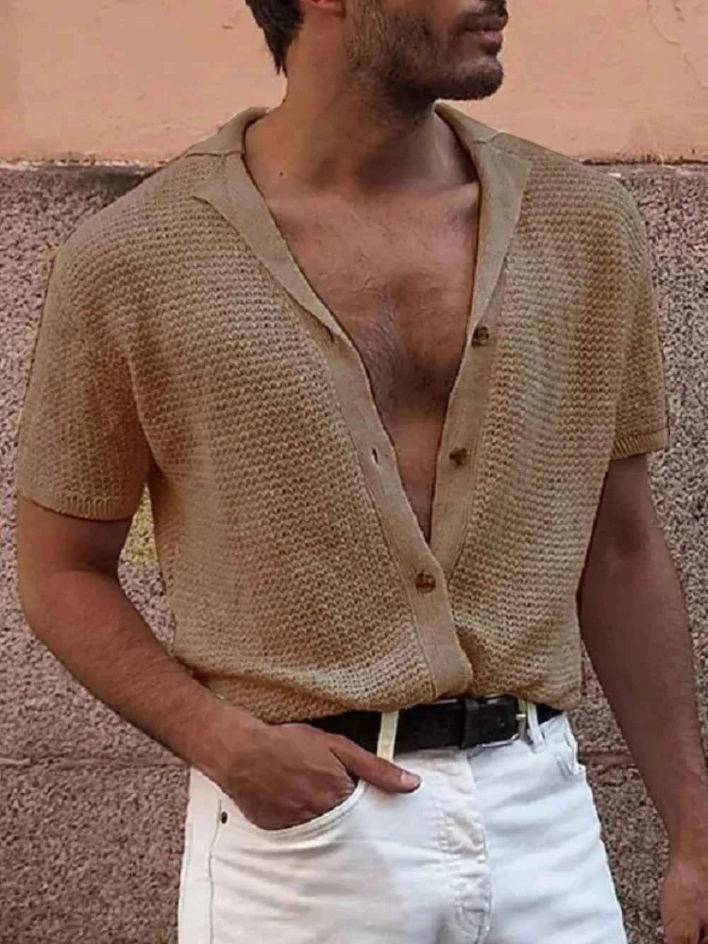 Men's Full Size Button Down Short Sleeve Shirt Plus Size Taupe