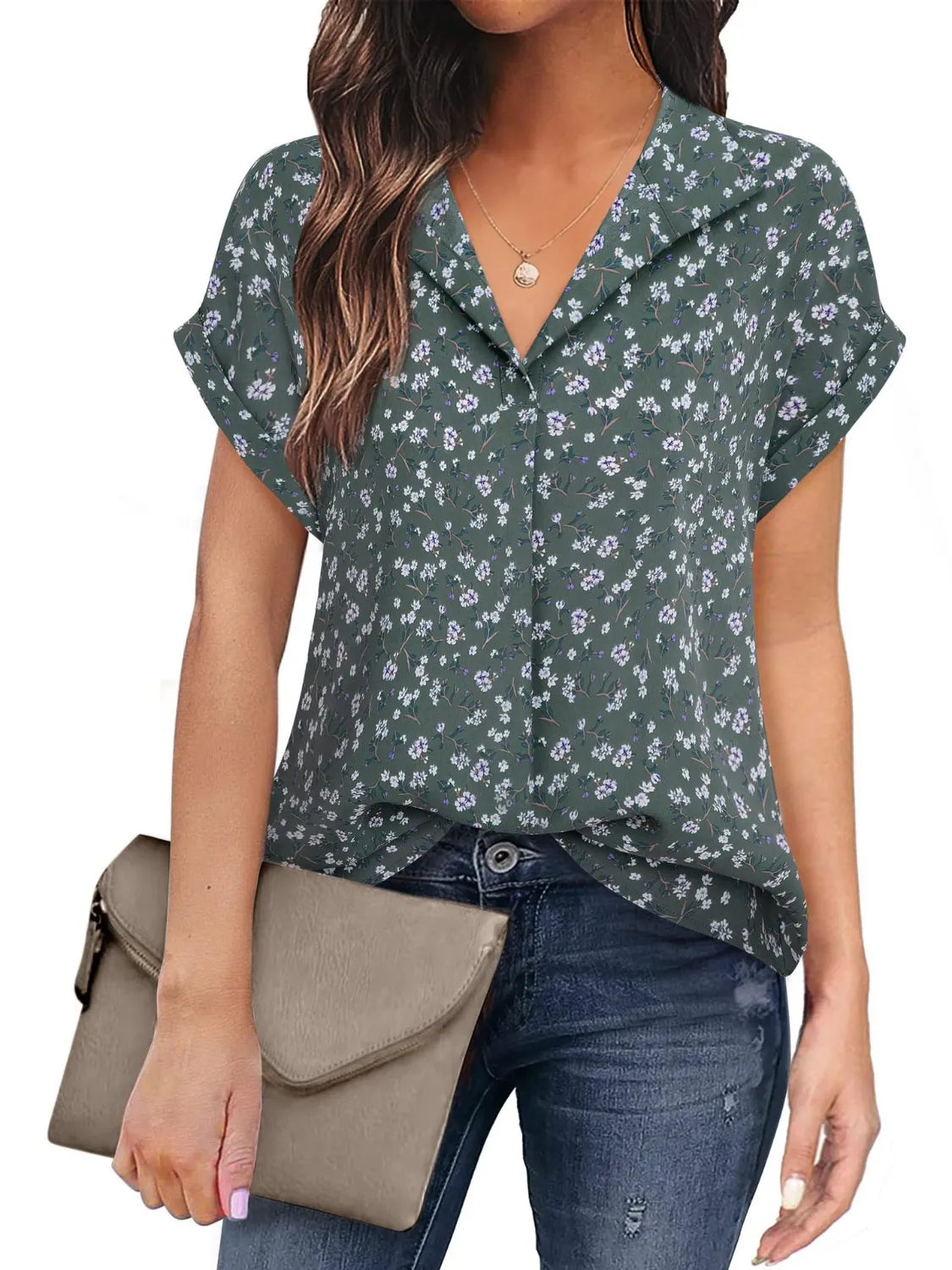 Collared Neck Short Sleeve Blouse Floral