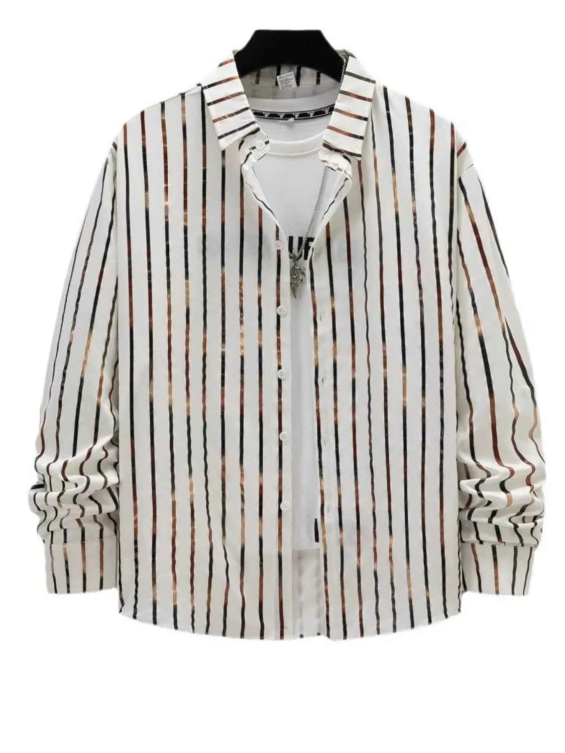 Men's Full Size Striped Button Up Long Sleeve Shirt Plus Size White