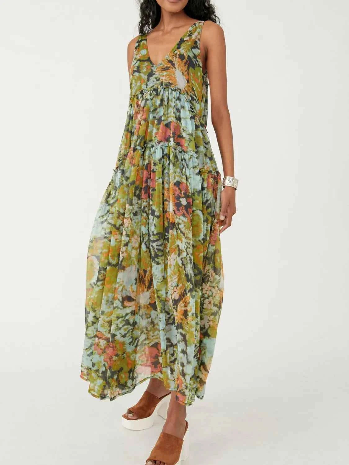 Printed V-Neck Sleeveless Dress