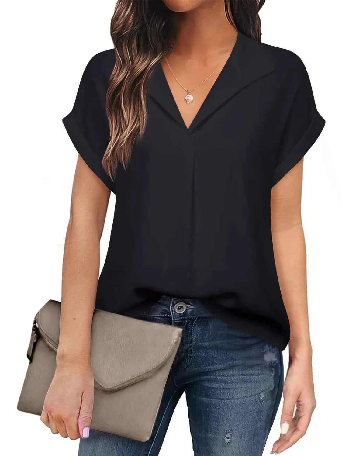 Collared Neck Short Sleeve Blouse Black