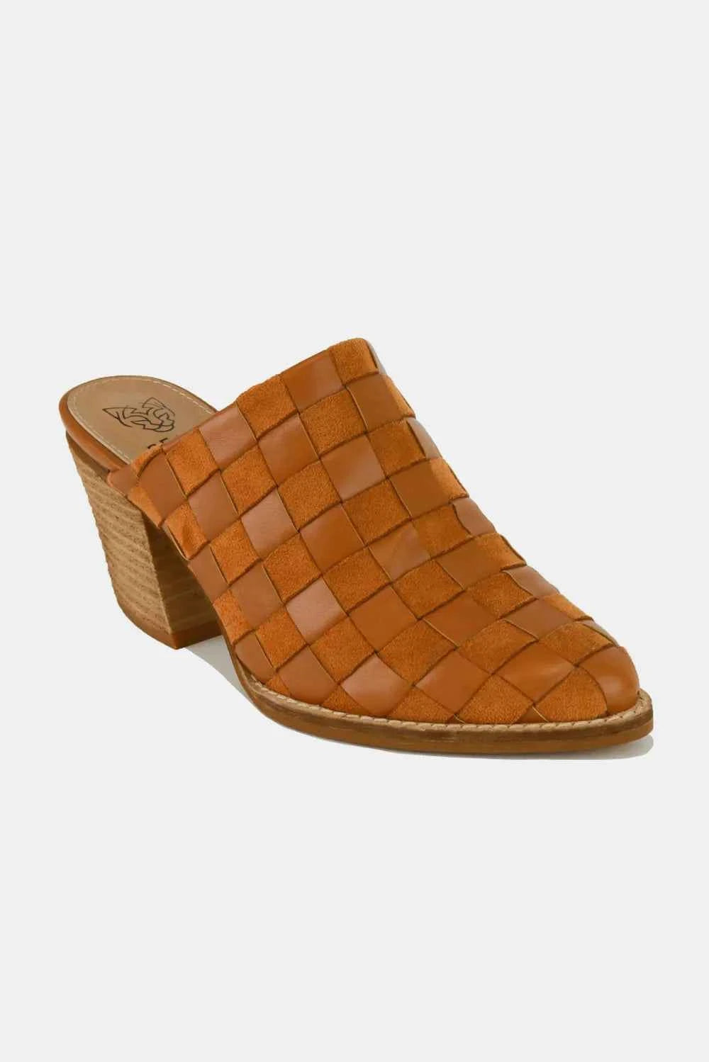 Signature Woven Checkerboard Block Heel Mule Shoes - Trendy Footwear Caramel 6