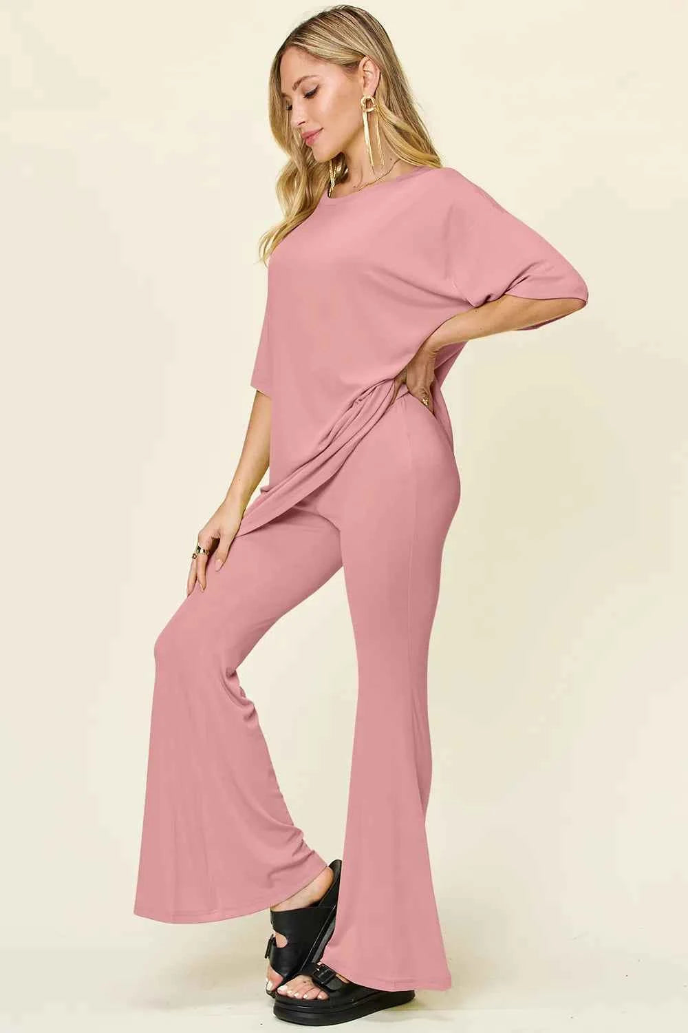 Double Take Full Size Round Neck Drop Shoulder T-Shirt and Flare Pants Set