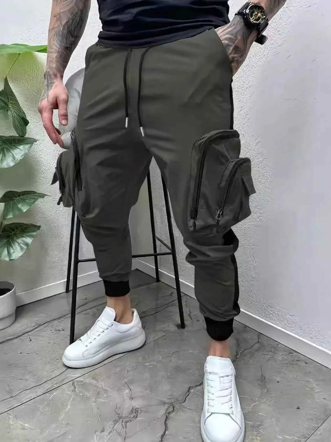 Men's Full Size Drawstring Joggers with Pockets Plus Size Army Green