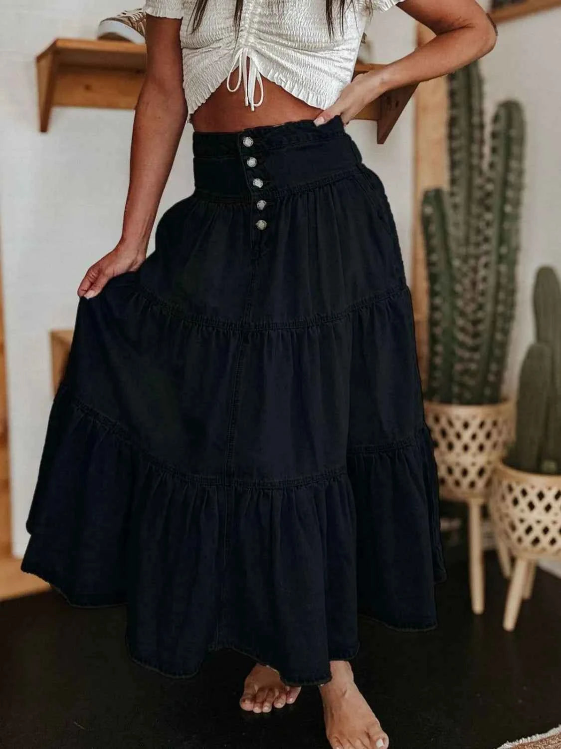 Ruched Button Fly Denim Skirt