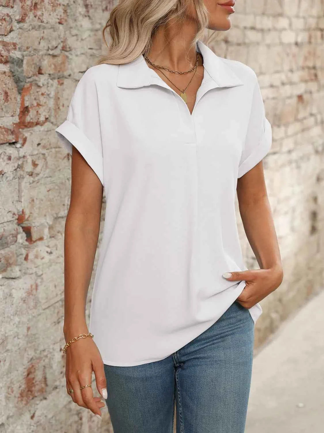 Collared Neck Short Sleeve Blouse