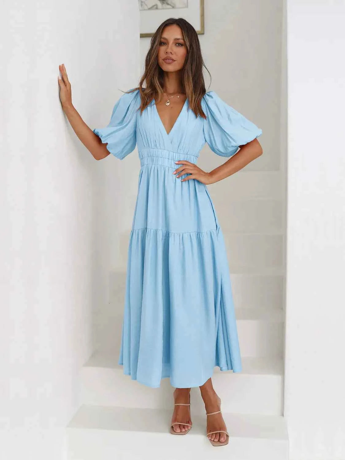 Surplice Half Puff Sleeve Midi Dress