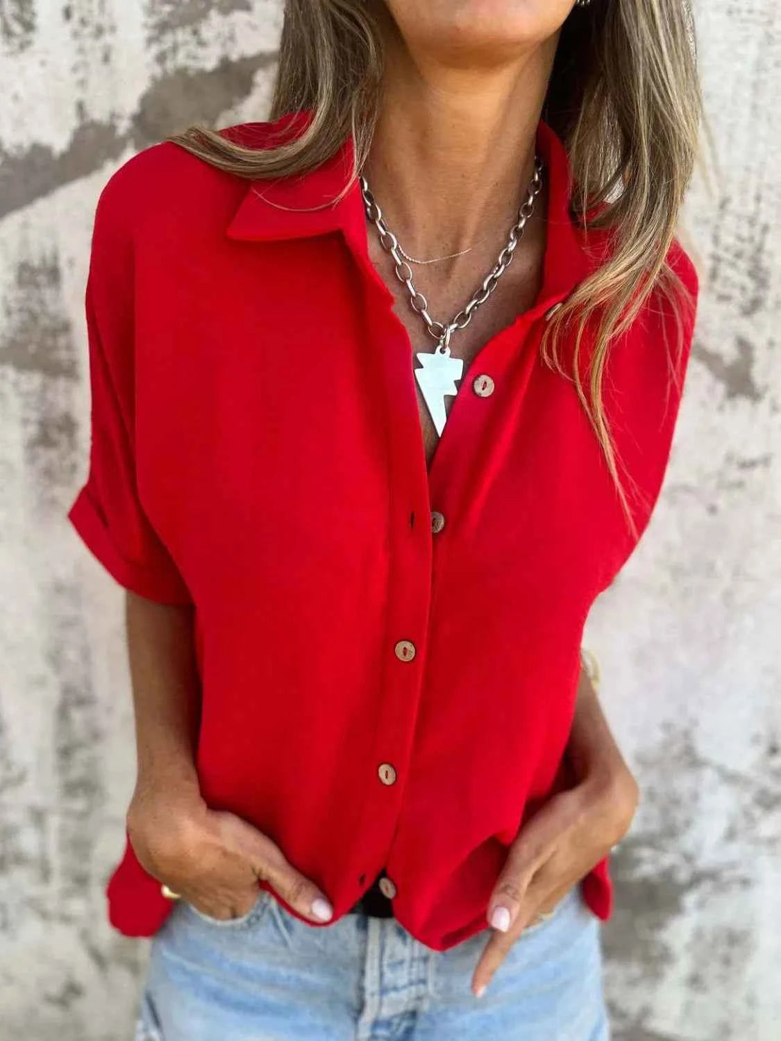 Full Size Collared Neck Half Sleeve Shirt Plus Size Scarlet