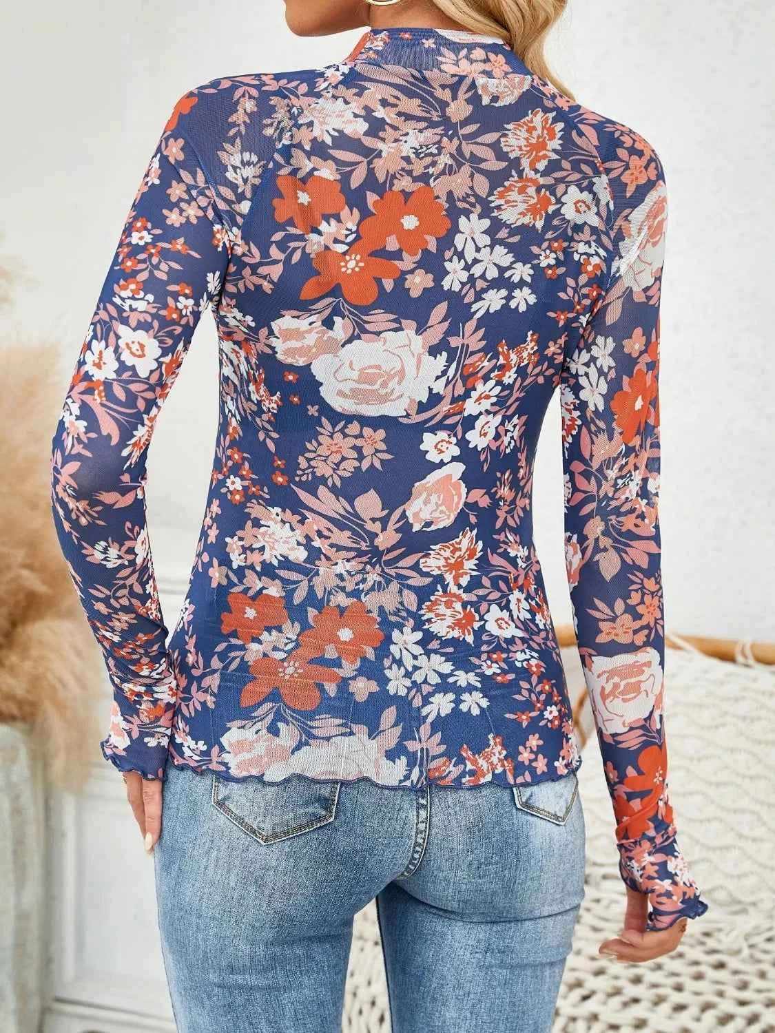 Floral Mock Neck Long Sleeve Top