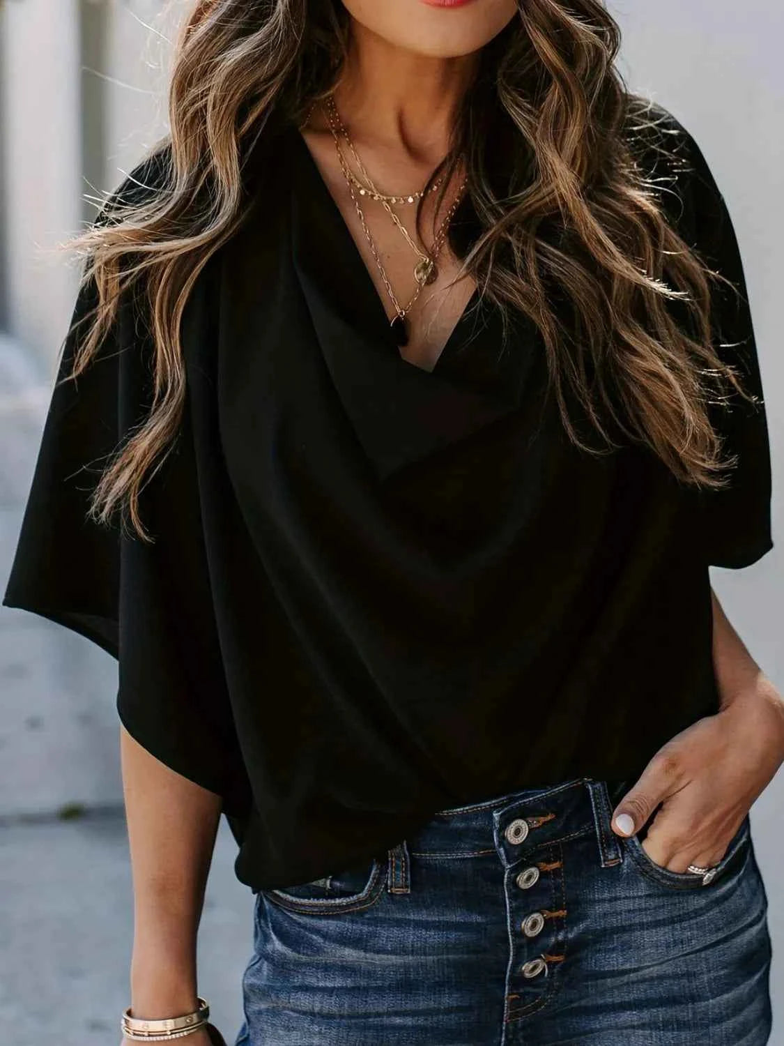 Full Size Ruched Three-Quarter Sleeve Blouse Plus Size Black