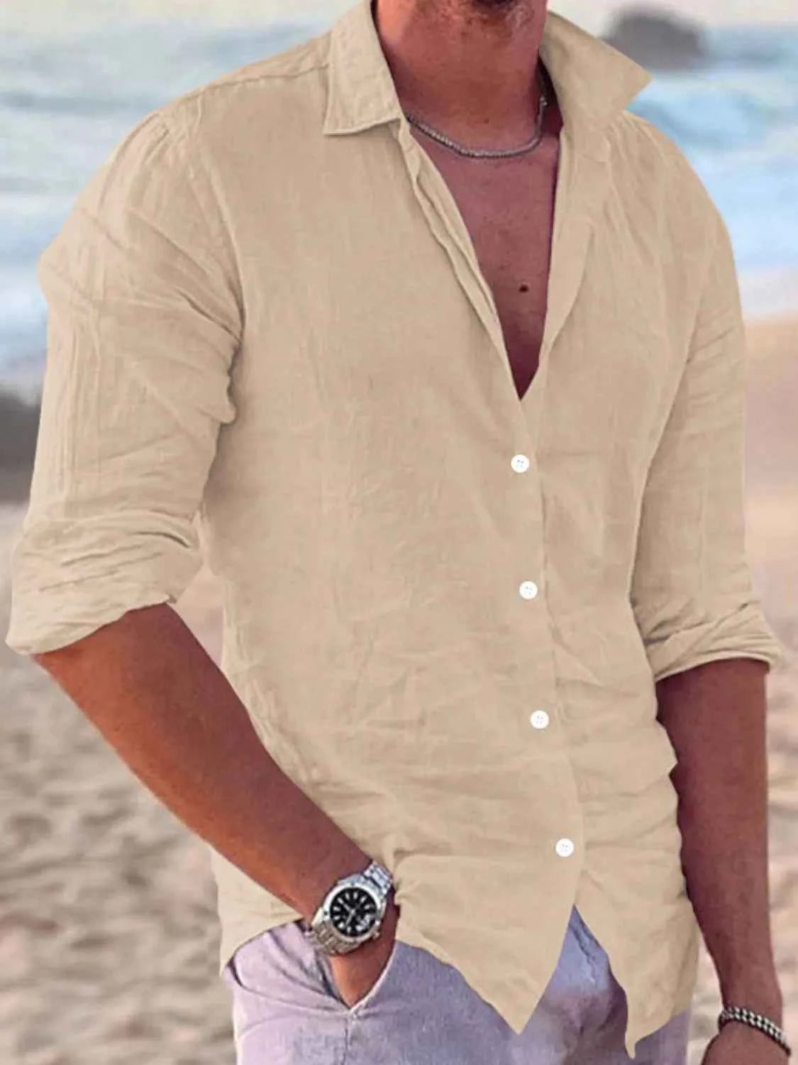 Men's Full Size Button Up Long Sleeve Shirt Plus Size Khaki
