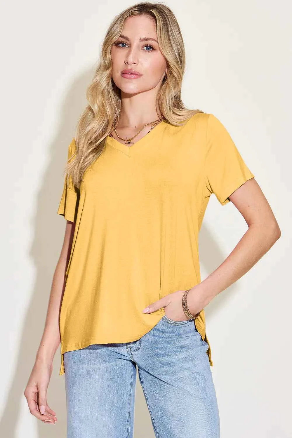 Signature Basic Bae Bamboo Full Size V-Neck High-Low T-Shirt Yellow S