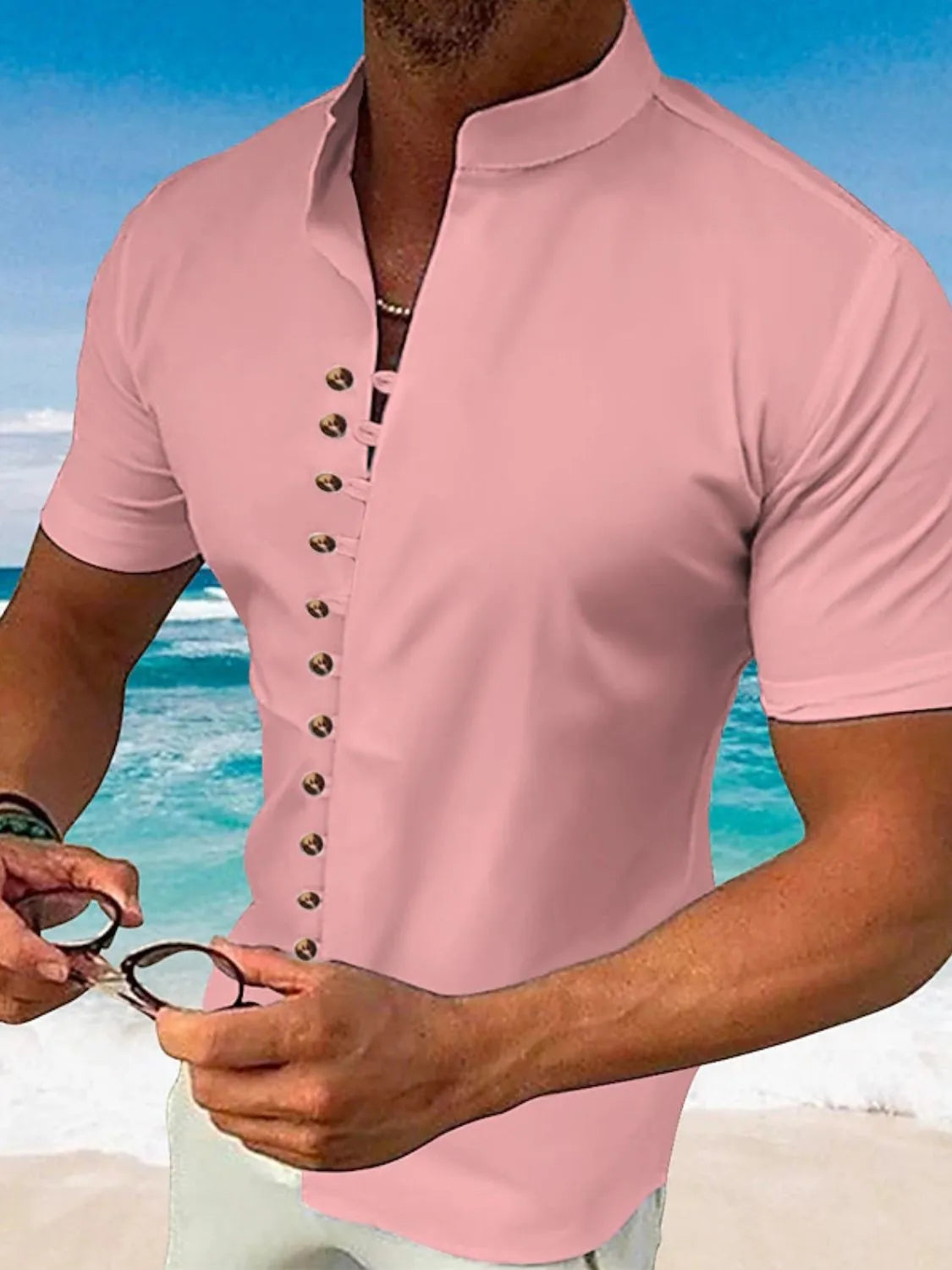 Men's Full Size Button Up Short Sleeve Shirt Plus Size Dusty Pink