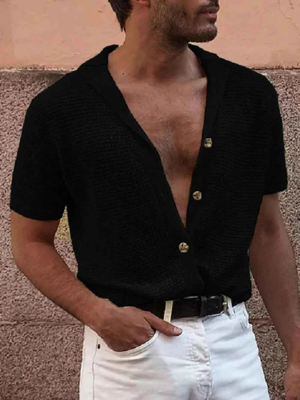 Men's Full Size Button Down Short Sleeve Shirt Plus Size Black
