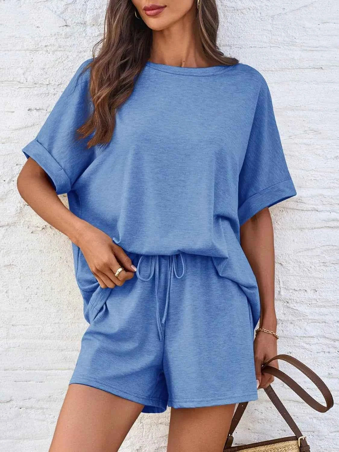 Signature Round Neck Short Sleeve Top and Shorts Set Sky Blue S