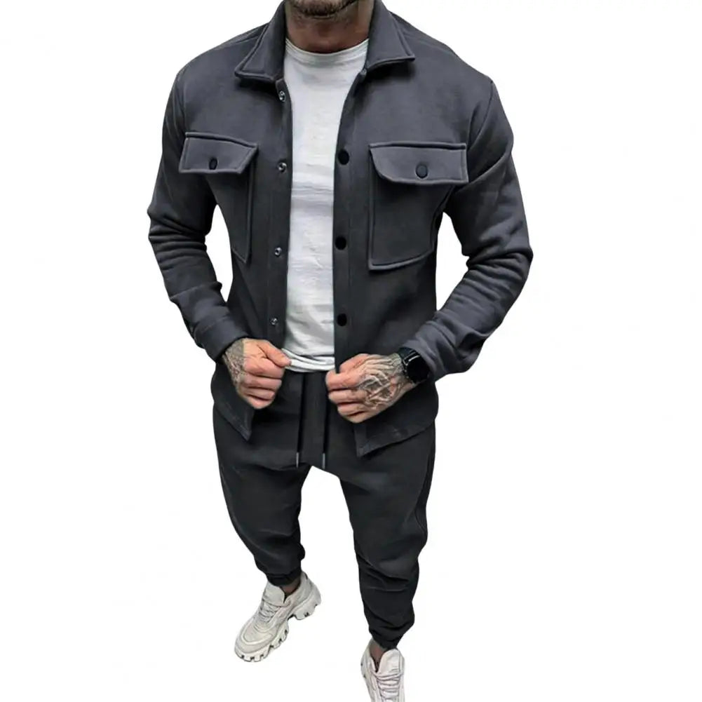 Men's activewear set in grey featuring a button-up jacket and matching pants for stylish comfort