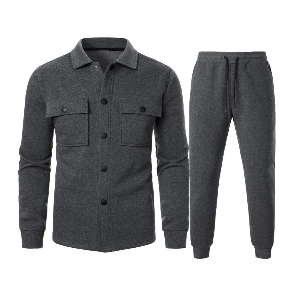 Stylish gray fashion men's activewear set with a button-up jacket and jogger pants