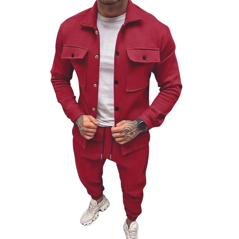 Stylish red fashion men's activewear set including a jacket and matching pants for casual outings
