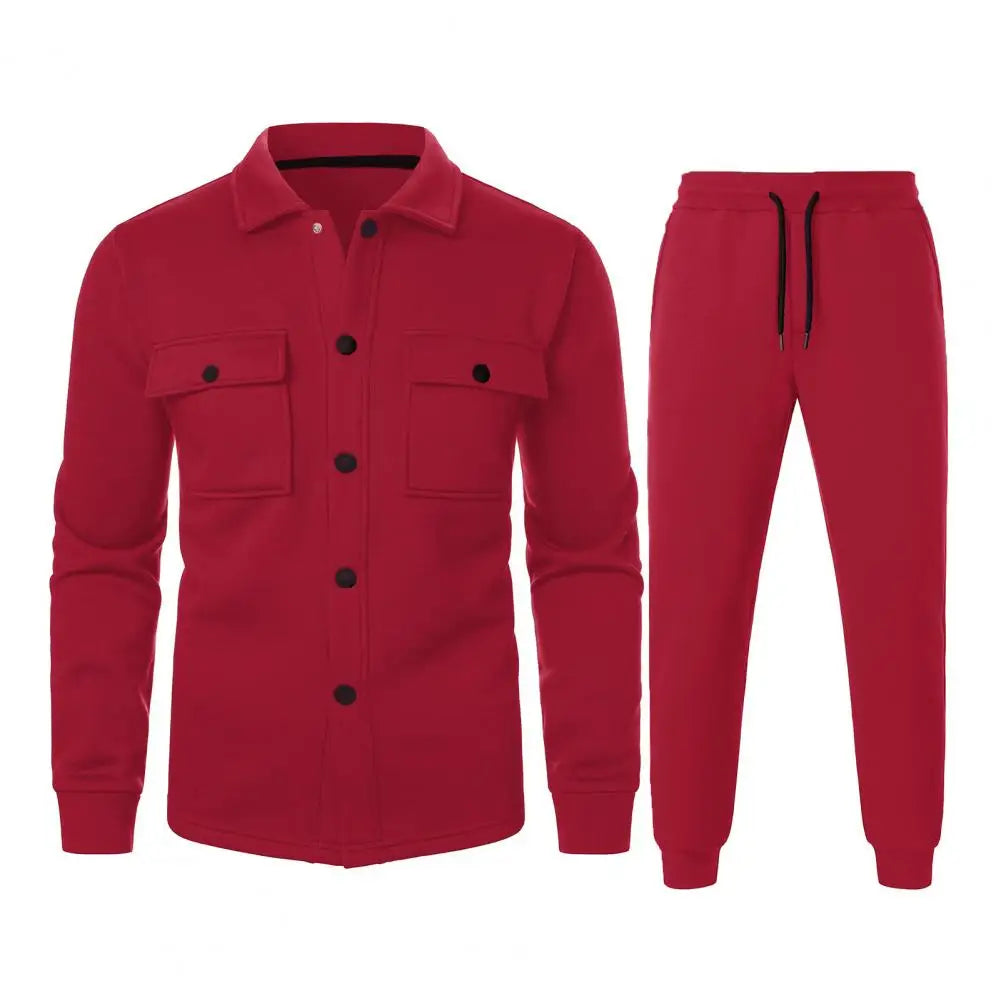 Red men's activewear set including a button-up jacket and matching jogger pants for stylish comfort