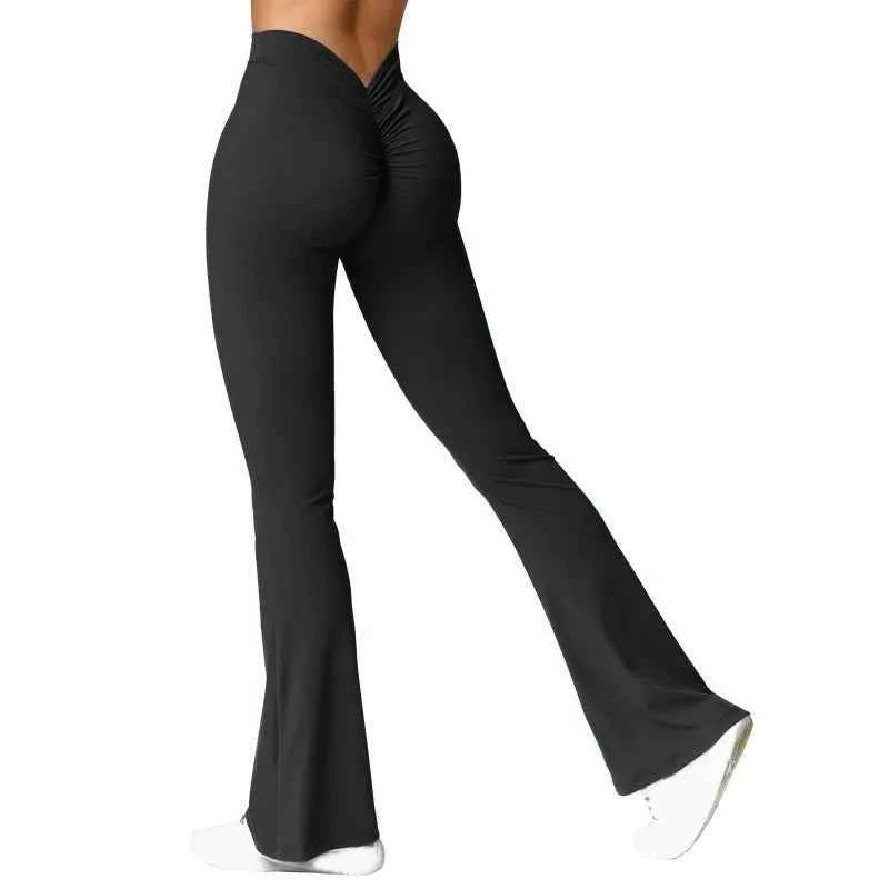 Fashion Micro Horn Leggings Women V-back Waist Sports Pants High Waist Push Up Butt Gym Pants Solid Slim Casual Leggings black