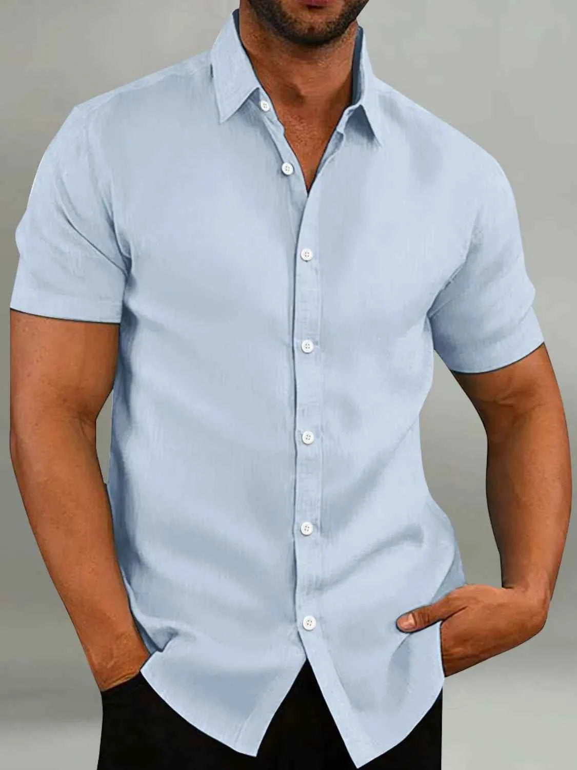 Men's Full Size Button Up Short Sleeve Shirt Plus Size Light Blue