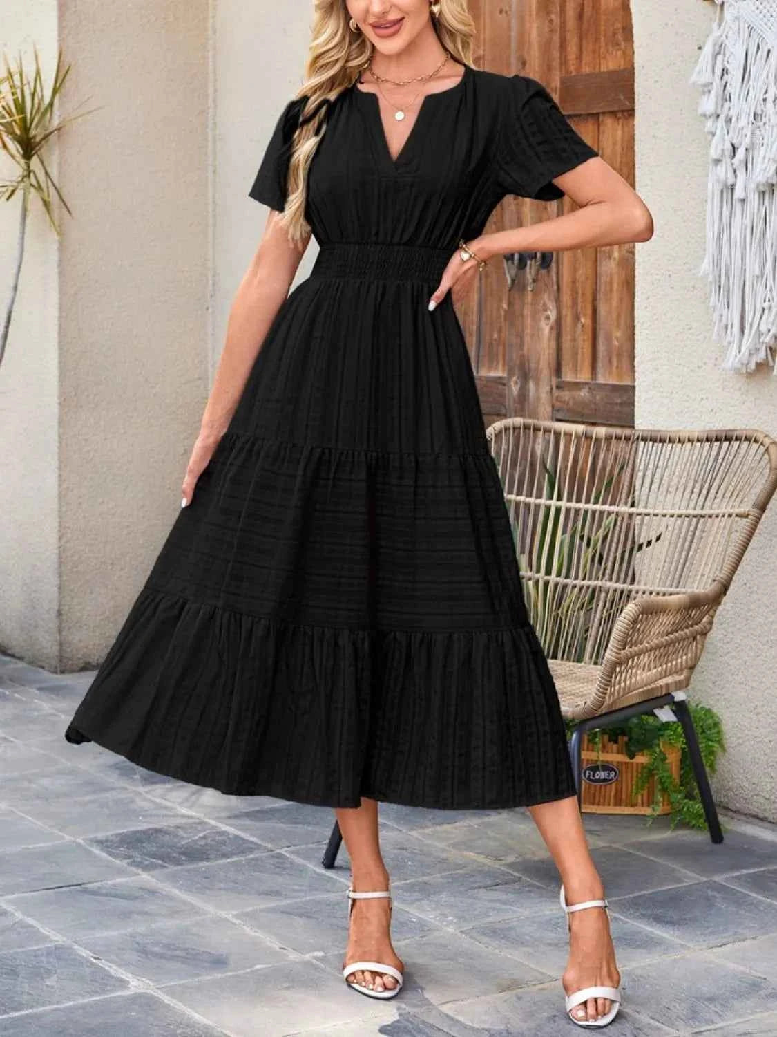 Tiered Notched Short Sleeve Dress