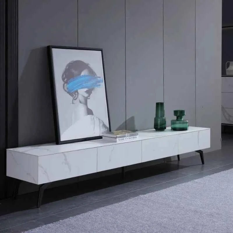 Full Rock Plate TV Stand & Coffee Table - Italian Minimalist Design with Solid Wood Frame, Modern Media Console for Living Room
