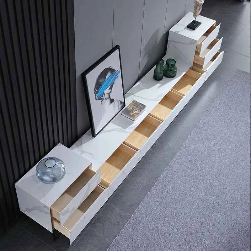 Full Rock Plate TV Stand & Coffee Table - Italian Minimalist Design with Solid Wood Frame, Modern Media Console for Living Room