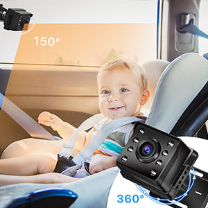 HD car baby monitor with 150-degree view, capturing a smiling baby in a secure car seat