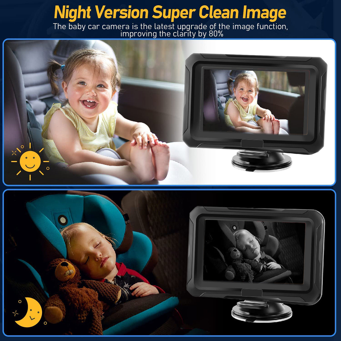 HD car baby monitor with night vision displaying happy baby in a car seat for clear imaging