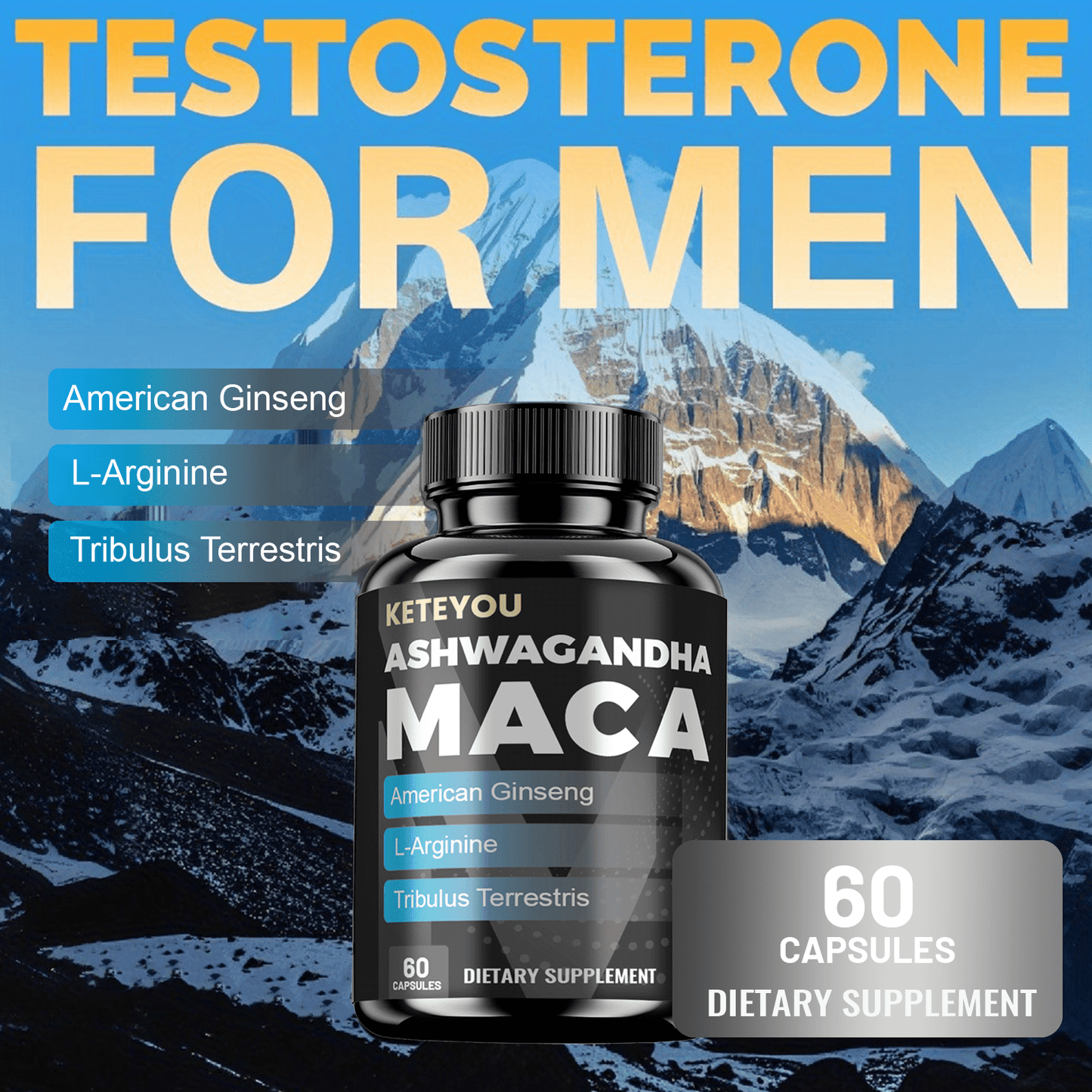Keteyou Testosterone Booster Capsules with Ashwagandha, Ginseng, and L-Arginine for Men