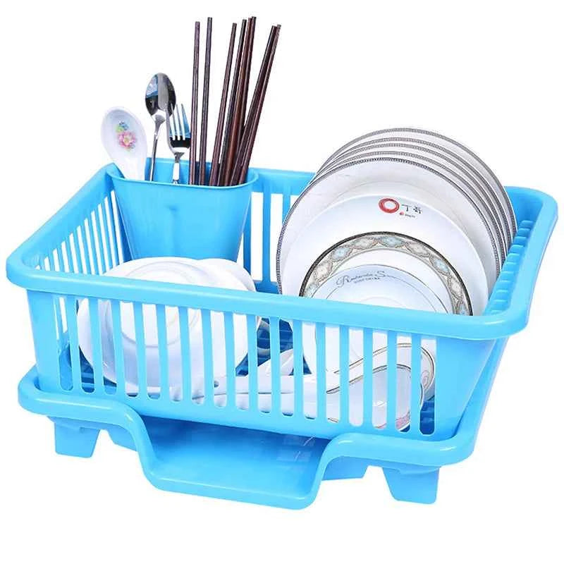 My Store blue kitchen drainage rack with plates, utensils, and a cup for organized drying